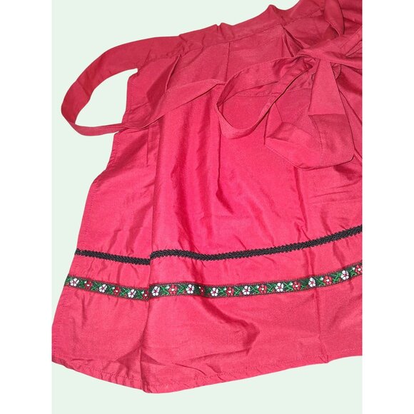 Red Waist Apron With Embroidered Floral Trim & Ties - Picture 4 of 9